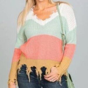 Love Tree Color Block Distressed V-Neck Knit Sweater Medium